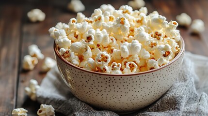 Close up of a bowl of fresh popcorn on a wooden table, a delicious snack for movie night