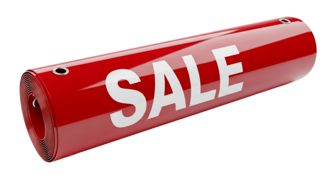 Rolled red vinyl banner with metal eyelets displaying SALE text  , isolated on a transparent background 