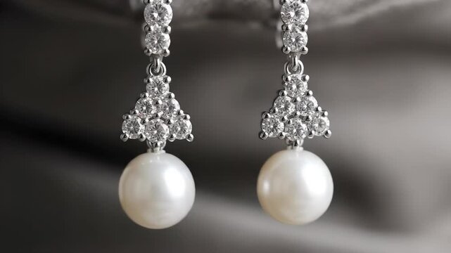 Close-up of exquisite white pearl drop earrings adorned with tiny, glittering diamonds. The jewelry rests on a smooth, muted gray silk fabric, creating a sophisticated and luxurious feel.