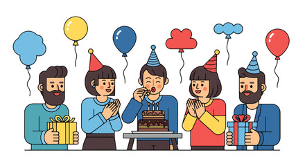 Joyful Group Celebrates Birthday, Surrounded by Balloons and Gifts on a Black Background