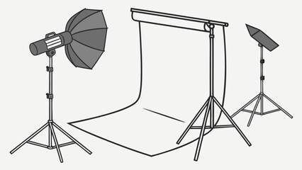 "Realistic 3D render of professional photography set with multiple lighting sources, seamless white backdrop, and reflector umbrella. Modern studio setup for product, fashion, and portrait photography