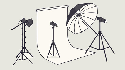 "Realistic 3D render of professional photography set with multiple lighting sources, seamless white backdrop, and reflector umbrella. Modern studio setup for product, fashion, and portrait photography
