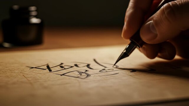 Close-up of a hand writing with a fountain pen on old paper.