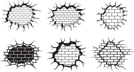 Cracked Brick Wall Hole Set Black and White Illustration