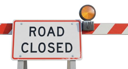 Road Closed Sign with warning barrier light close-up and transparent background  