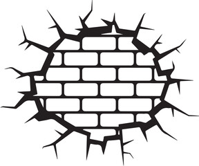 Cracked Brick Wall Hole Black and White Illustration