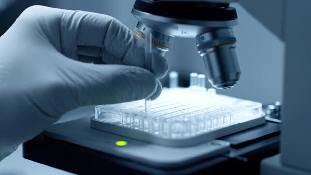 Close up scientific research experiment hand with pipette adding liquid sample to microplate under microscope in laboratory