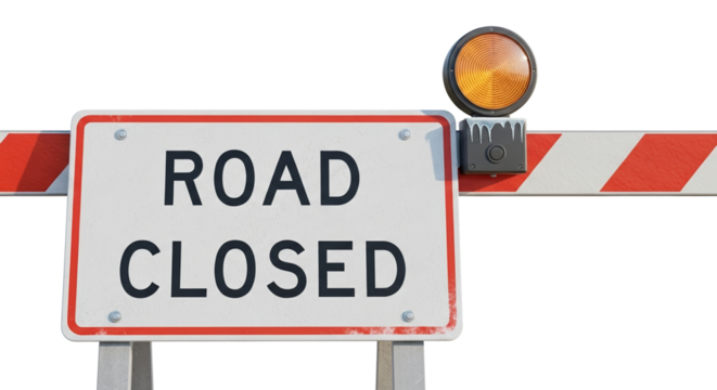 Road Closed Sign with warning barrier light close-up and transparent background  