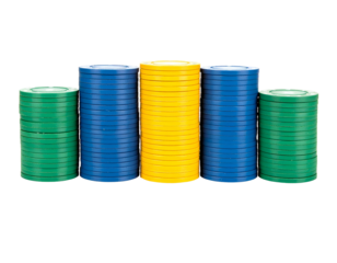 Stacked poker chips in green, blue, and yellow colors
