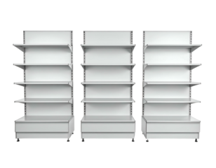 Three empty, white, tiered retail display shelves side by side