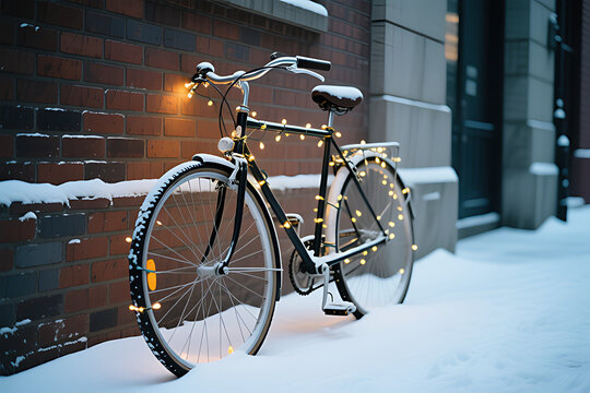 White Bicycle Decorated with Fairy Lights in the Snow at Night, Magical Winter Holiday Concept

