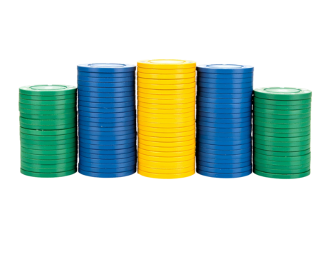 Stacked poker chips in green, blue, and yellow colors - Powered by Adobe