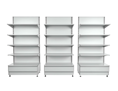 Three empty, white, tiered retail display shelves side by side
