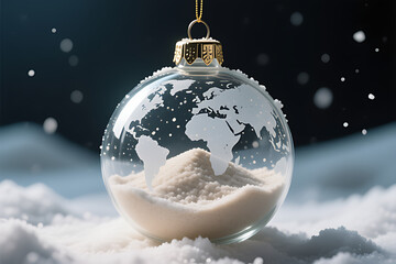 Global Christmas Ornament: World Map in a Snowy Glass Bauble, Symbolizing Holiday Spirit Around the World


