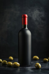 Obraz premium Elegant red wine bottle with olives on a dark background. A bottle of red wine is displayed with olives and olive branches on a dark surface, creating a sophisticated scene.