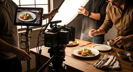 A food photography shoot with scallops and asparagus being filmed in a studio environment set up