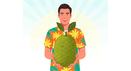 Joyful Man Presents Exotic Fruit Showing The Freshness And Abundance Of Harvest