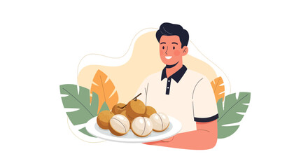 Joyful Man Presents Fresh Longan Fruit on Dish, Exotic and Delicious Presentation Forever