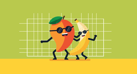 Joyful Mango And Banana Friends Dancing Together In A Groovy Summer Style