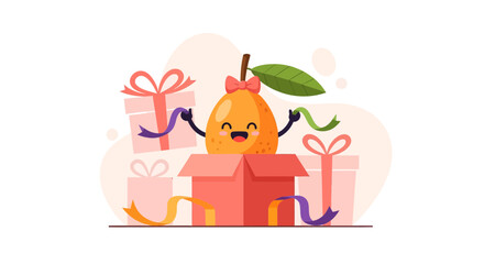 Fototapeta premium Joyful Orange Fruit Mascot Celebrating With Presents and Ribbons on Delivery Day