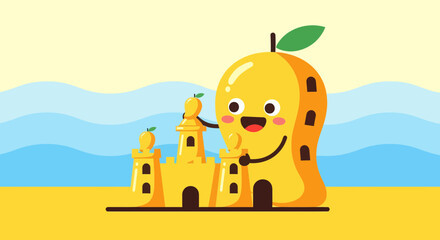 Joyful Mango Character Building A Sandcastle On A Sunny Beach Day Illustration