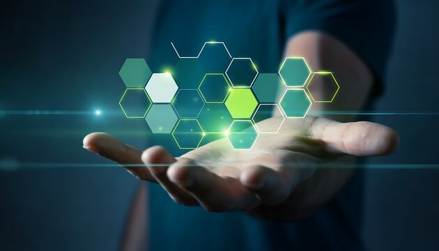 Man's Hand Holding Hexagon Graphic in Teal and Lime Green Colors