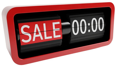 Red countdown flip clock element displaying SALE at 00:00  , isolated on a transparent background 