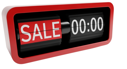Red countdown flip clock element displaying SALE at 00:00  , isolated on a transparent background 
