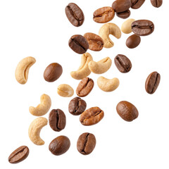 Falling cashew coffee beans create a delightful blend of textures on a white background