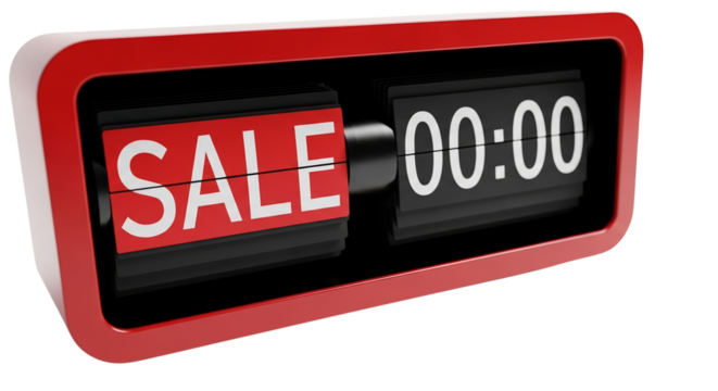 Red countdown flip clock element displaying SALE at 00:00  , isolated on a transparent background 