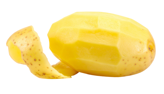 Peeled potato shows a bright yellow core and brown peel