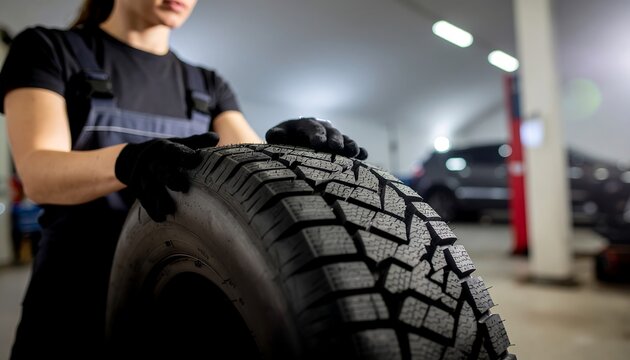 Mechanic carrying a new car tire with tread pattern in the garage