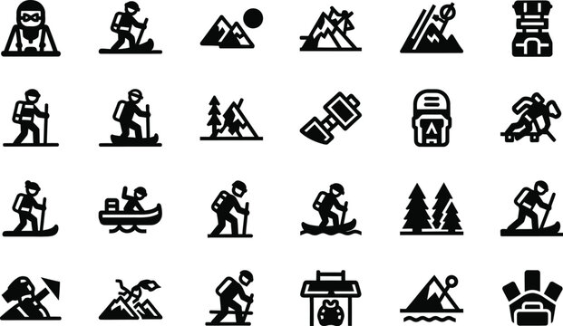 Collection of outdoor adventure and hiking icons representing various activities and equipment isolated on transparent background