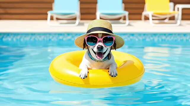 A happy dog wearing a straw hat and pink sunglasses floats in a yellow ring in a swimming pool.