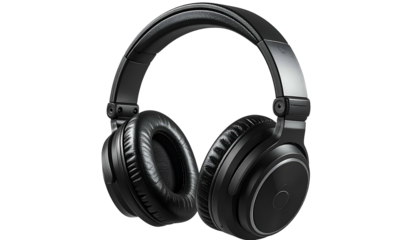 Dark headphones, padded earcups, metallic accents, studio style