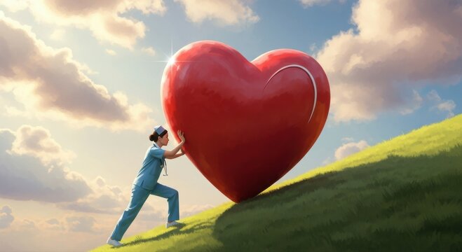 Dedicated medical professional pushing a giant red heart uphill, symbolizing compassionate care and the tireless effort in healthcare