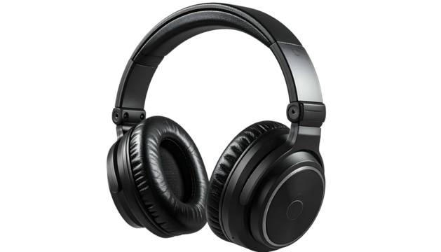 Dark headphones, padded earcups, metallic accents, studio style
