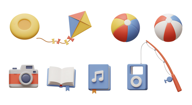 Collection of toys and leisure items on a black background