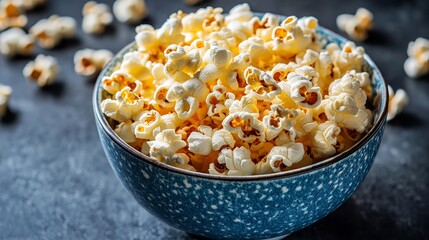 Close up of a blue bowl full of popcorn on a dark surface, perfect for movie night snacking