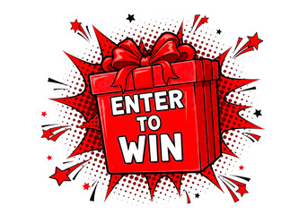 Red gift box with enter to win text isolated on transparent background