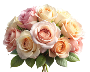 A realistic AI-generated digital photo of a soft pastel rose bouquet, petals in shade 