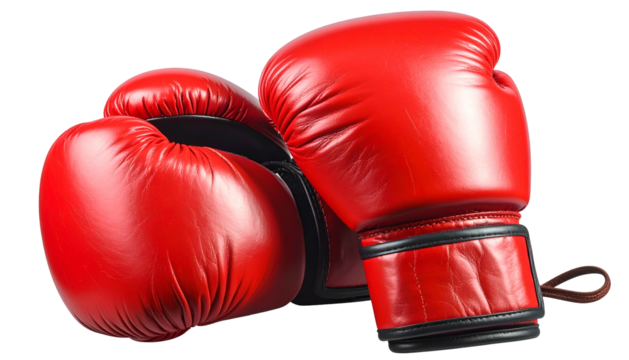 Two red boxing gloves, leather-like, side-by-side