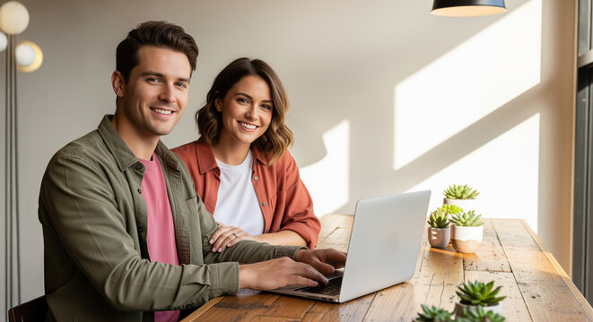 Family budgeting session at home with a couple reviewing monthly spending plus savings, useful for banking app flows or financial courses for parents, planning purchases plus holiday trips together
