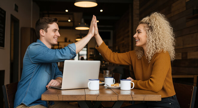 Freelance partners confirm project milestone for gig platforms and invoicing templates, useful for small business pages about client approval or teamwork success communications for case studies