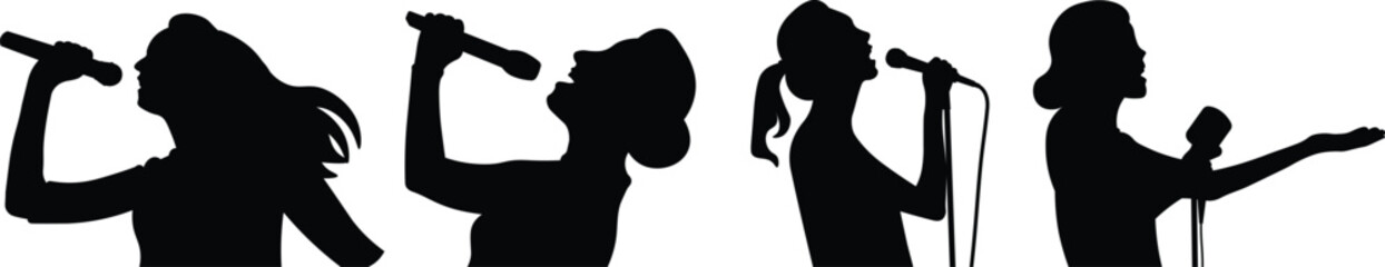 Set of Female Singer Silhouettes. Half Body Women Performing with Microphone Vector