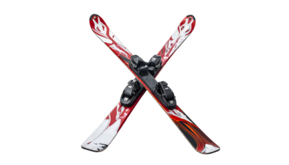 Crossed red/white skis with black bindings against black background