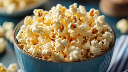 Delicious homemade buttered popcorn in a blue bowl, a classic snack perfect for movie nights