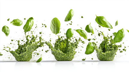 Fresh basil leaves and pesto splashing against a white background. vibrant image captures the essence of Italian cuisine with fresh ingredients in motion.