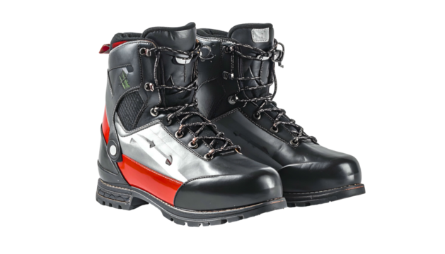 Pair of sturdy, high-top boots with detailed paneling