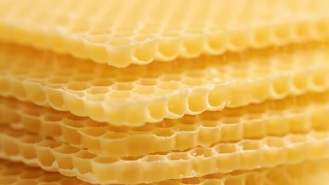Close Up Stacked Yellow Honeycomb Sheets. Detailed View of Hexagonal Wax Cells for Bees. Apiculture Industry and Beekeeping
